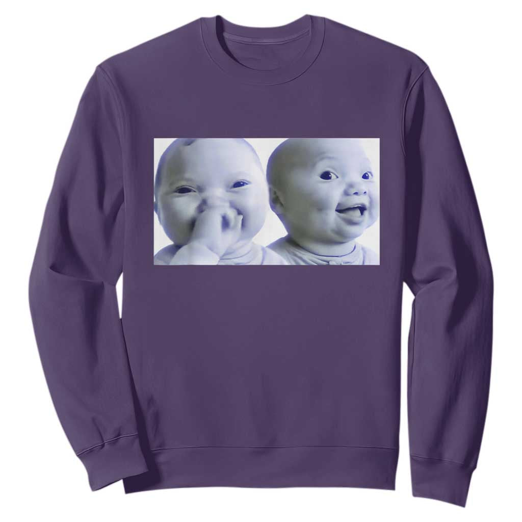 Funny Double Trouble Tuff Baby Meme Sweatshirt Viral AI Niche Baby Holding Laugh Duo Reaction TS02 Purple Print Your Wear