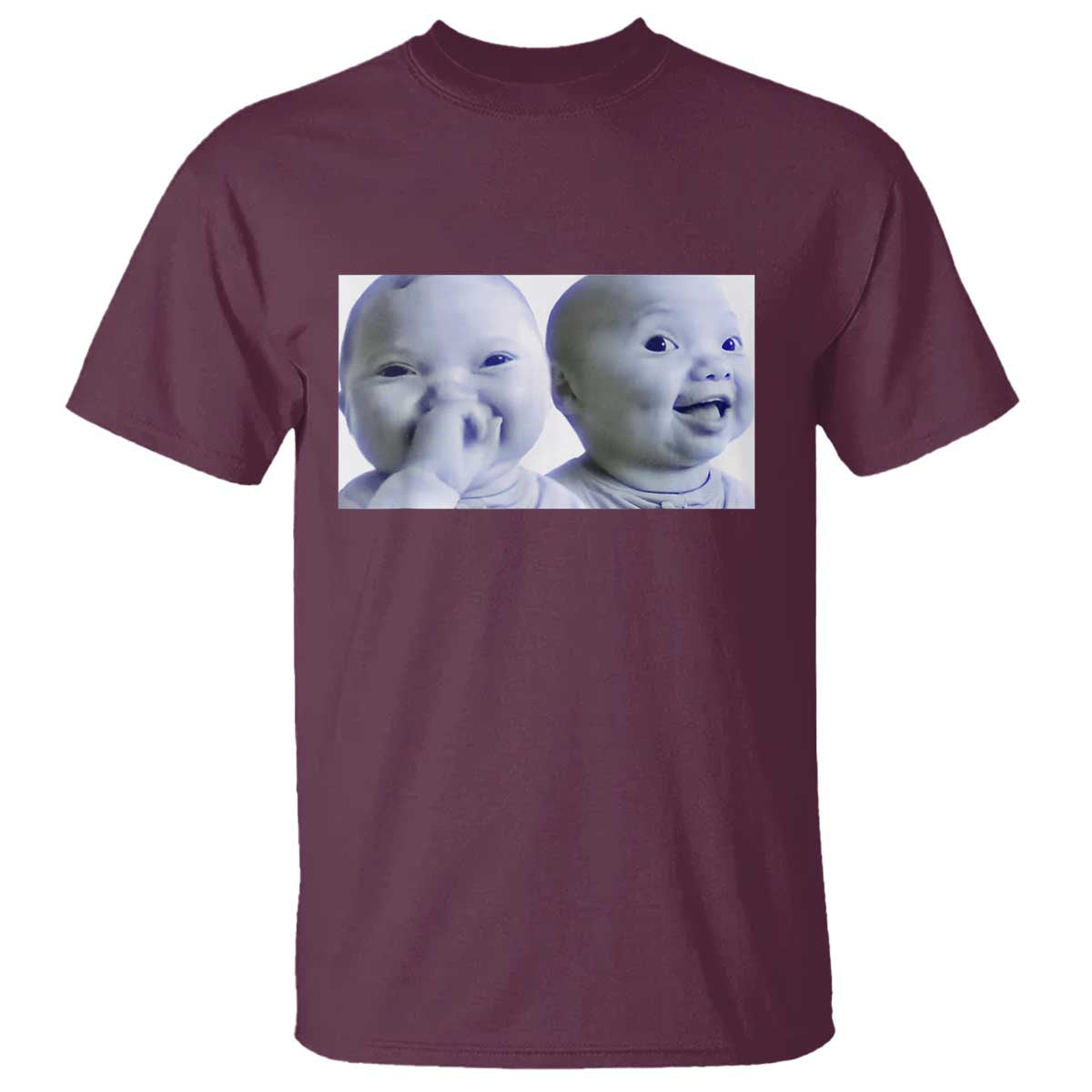Funny Double Trouble Tuff Baby Meme T Shirt Viral AI Niche Baby Holding Laugh Duo Reaction TS02 Maroon Print Your Wear