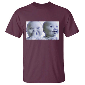 Funny Double Trouble Tuff Baby Meme T Shirt Viral AI Niche Baby Holding Laugh Duo Reaction TS02 Maroon Print Your Wear