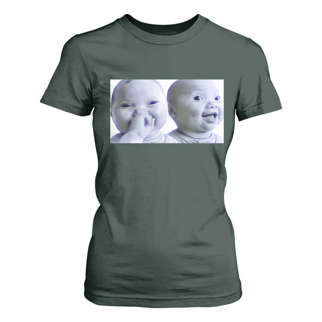Funny Double Trouble Tuff Baby Meme T Shirt For Women Viral AI Niche Baby Holding Laugh Duo Reaction TS02 Dark Forest Green Print Your Wear