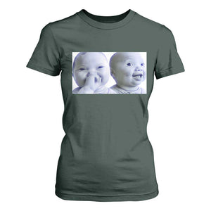 Funny Double Trouble Tuff Baby Meme T Shirt For Women Viral AI Niche Baby Holding Laugh Duo Reaction TS02 Dark Forest Green Print Your Wear