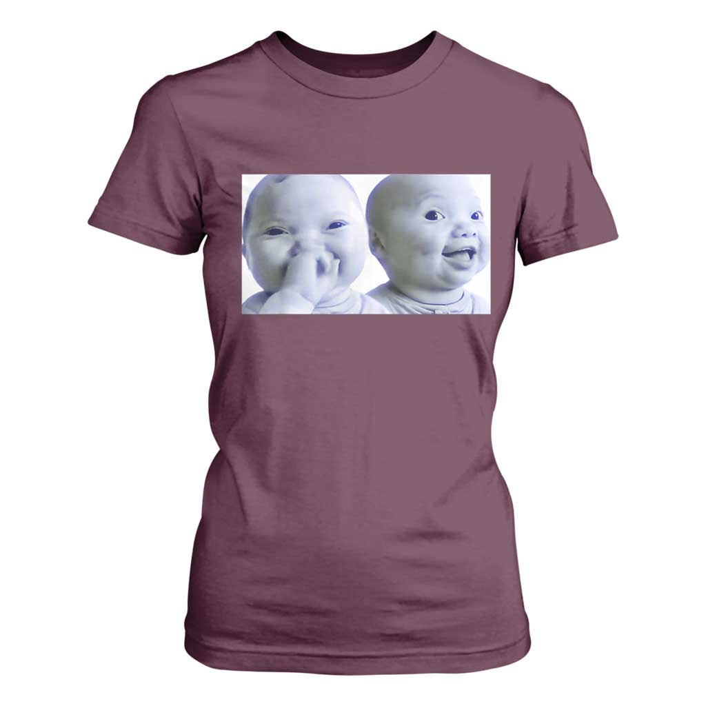 Funny Double Trouble Tuff Baby Meme T Shirt For Women Viral AI Niche Baby Holding Laugh Duo Reaction TS02 Maroon Print Your Wear