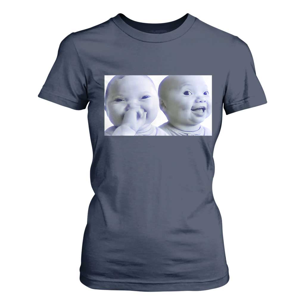 Funny Double Trouble Tuff Baby Meme T Shirt For Women Viral AI Niche Baby Holding Laugh Duo Reaction TS02 Navy Print Your Wear