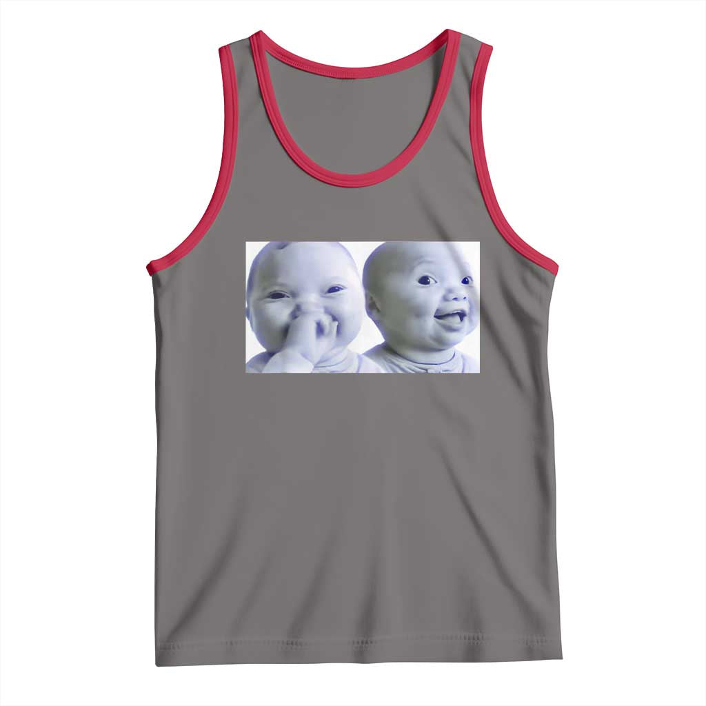 Funny Double Trouble Tuff Baby Meme Tank Top Viral AI Niche Baby Holding Laugh Duo Reaction TS02 Deep Heather Red Print Your Wear