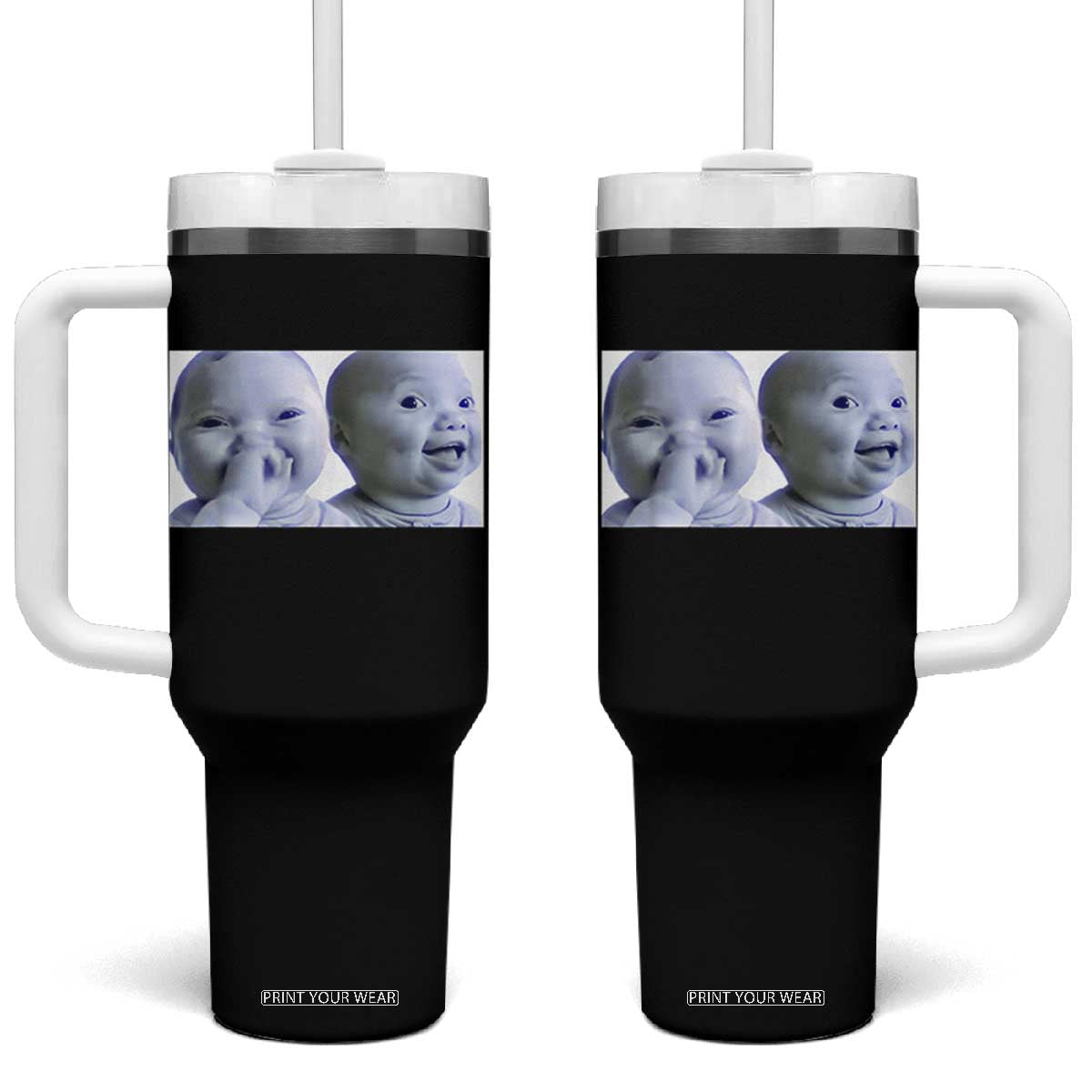 Funny Double Trouble Tuff Baby Meme Tumbler With Handle Viral AI Niche Baby Holding Laugh Duo Reaction TS02 One Size: 40 oz Black Print Your Wear