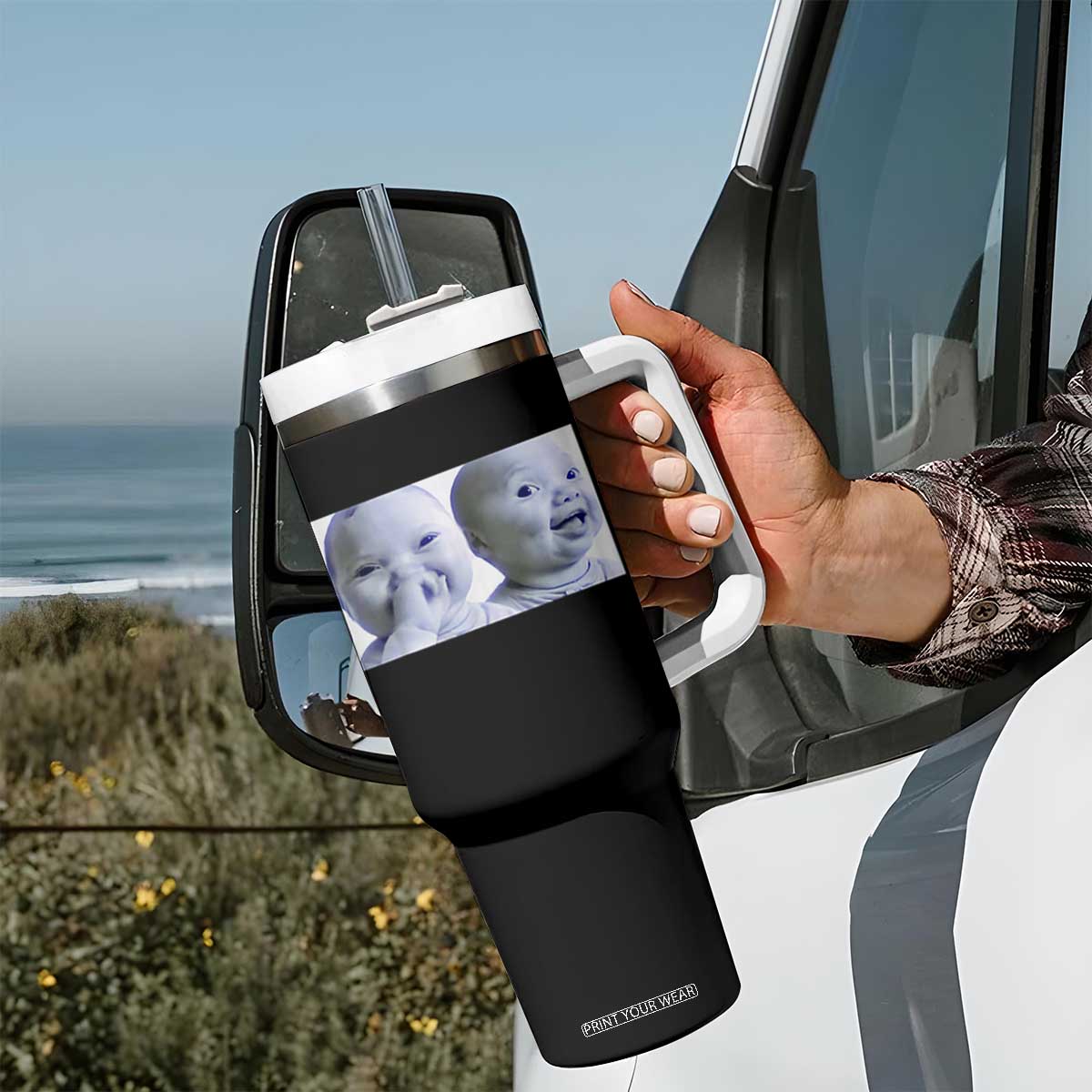 Funny Double Trouble Tuff Baby Meme Tumbler With Handle Viral AI Niche Baby Holding Laugh Duo Reaction TS02 Print Your Wear