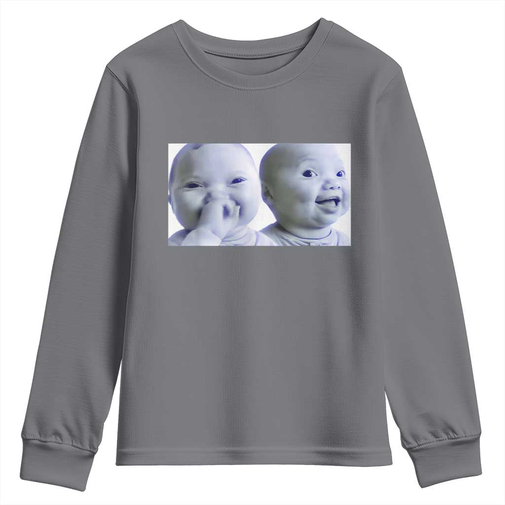 Funny Double Trouble Tuff Baby Meme Youth Sweatshirt Viral AI Niche Baby Holding Laugh Duo Reaction TS02 Charcoal Print Your Wear