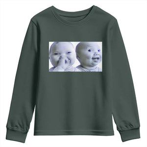 Funny Double Trouble Tuff Baby Meme Youth Sweatshirt Viral AI Niche Baby Holding Laugh Duo Reaction TS02 Dark Forest Green Print Your Wear
