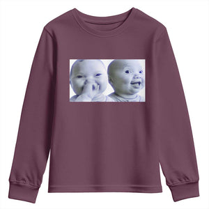 Funny Double Trouble Tuff Baby Meme Youth Sweatshirt Viral AI Niche Baby Holding Laugh Duo Reaction TS02 Maroon Print Your Wear