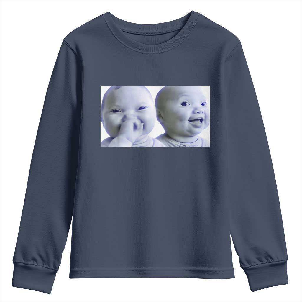 Funny Double Trouble Tuff Baby Meme Youth Sweatshirt Viral AI Niche Baby Holding Laugh Duo Reaction TS02 Navy Print Your Wear