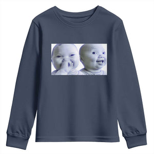 Funny Double Trouble Tuff Baby Meme Youth Sweatshirt Viral AI Niche Baby Holding Laugh Duo Reaction TS02 Navy Print Your Wear