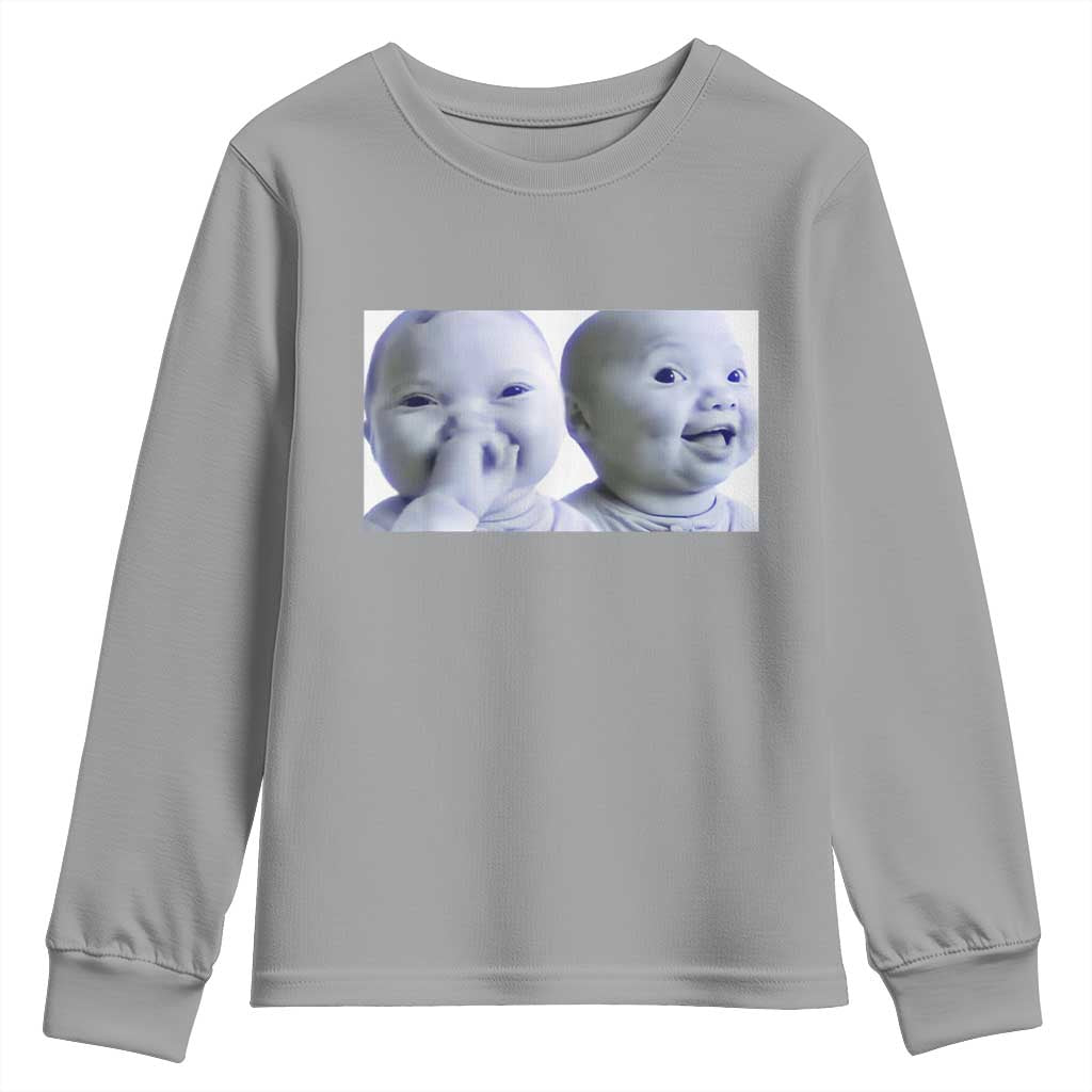 Funny Double Trouble Tuff Baby Meme Youth Sweatshirt Viral AI Niche Baby Holding Laugh Duo Reaction TS02 Sport Gray Print Your Wear