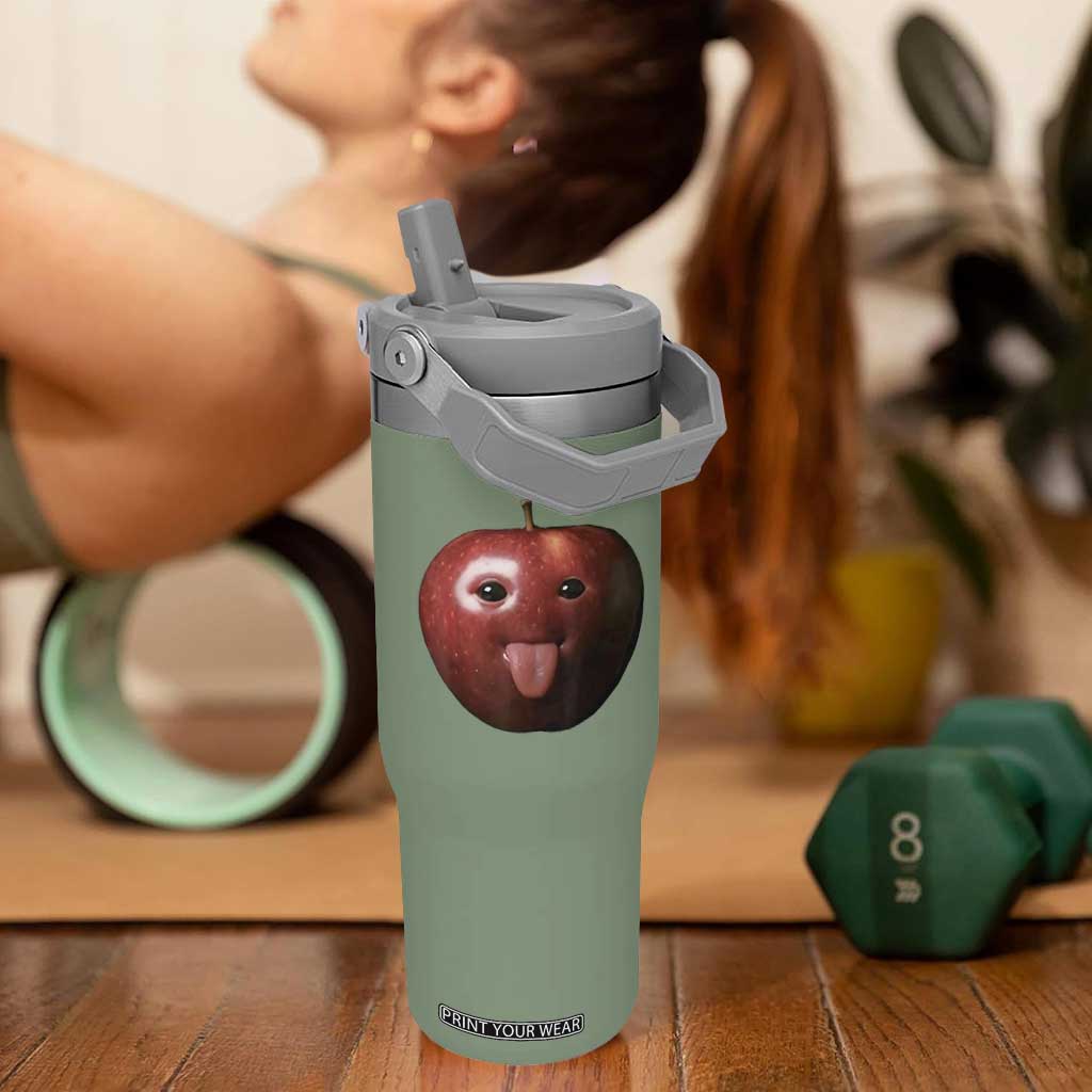 Cute Freaky Apple with Tongue Out Flip Straw Tumbler Funny Goofy AI Fruit Meme TS02 One Size: 30 oz Moss Green Print Your Wear