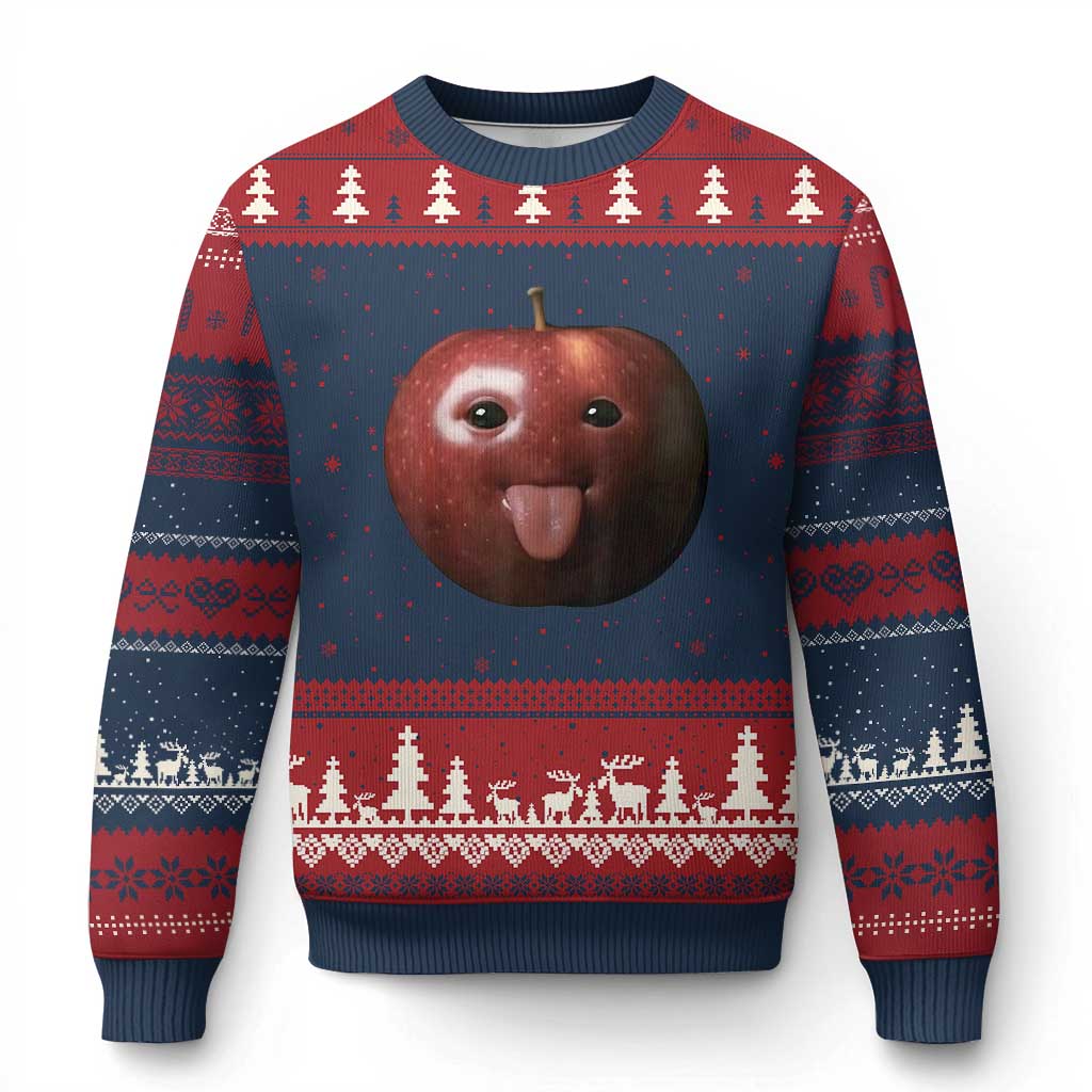Cute Freaky Apple with Tongue Out Ugly Christmas Sweater Funny Goofy AI Fruit Meme TS02 Navy Red Print Your Wear