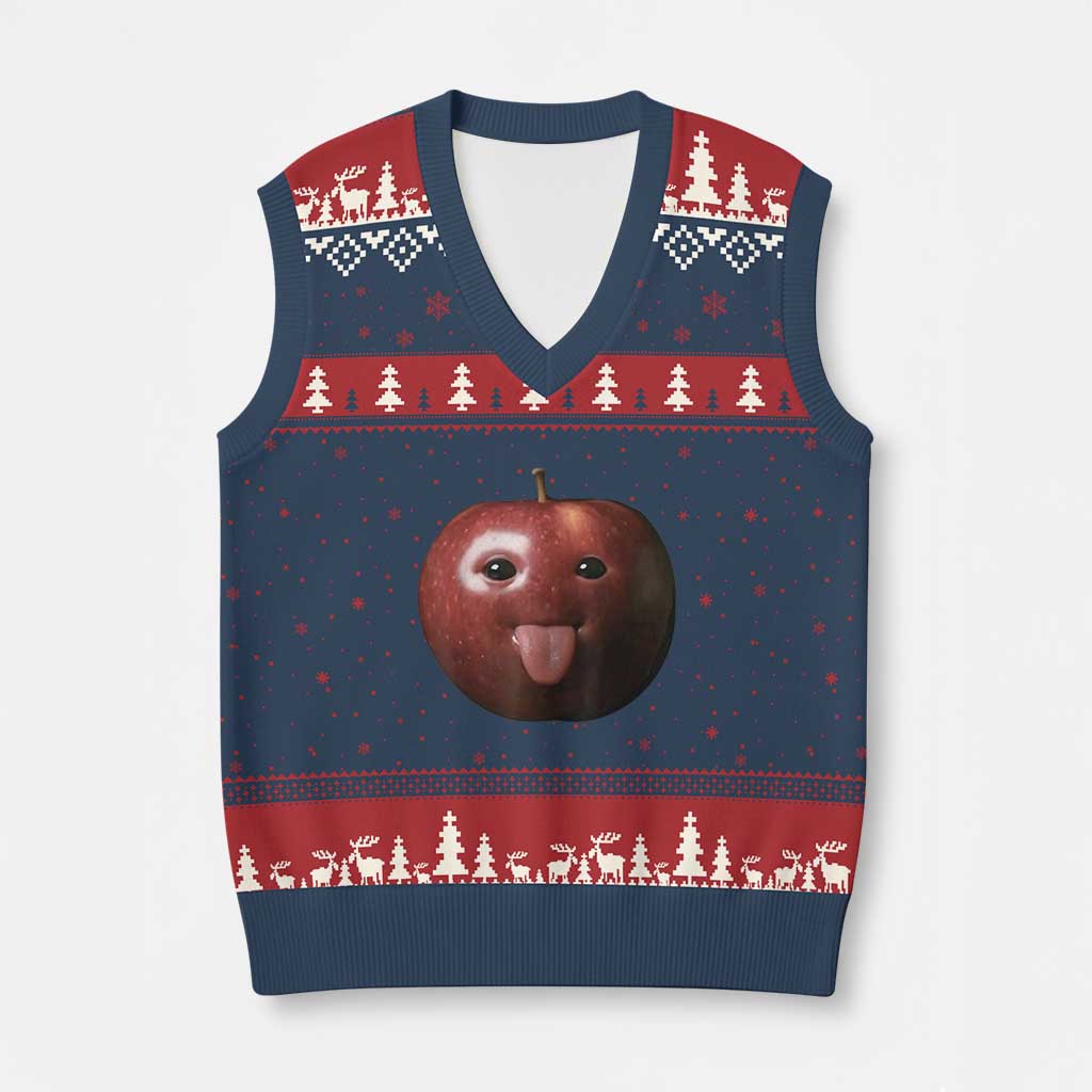 Cute Freaky Apple with Tongue Out V-Neck Knit Sweater Vest Funny Goofy AI Fruit Meme TS02 Navy Red Print Your Wear