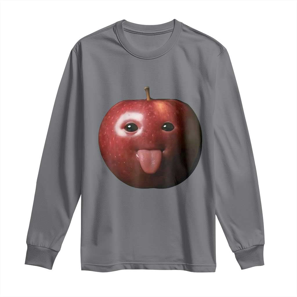 Cute Freaky Apple with Tongue Out Long Sleeve Shirt Funny Goofy AI Fruit Meme TS02 Charcoal Print Your Wear