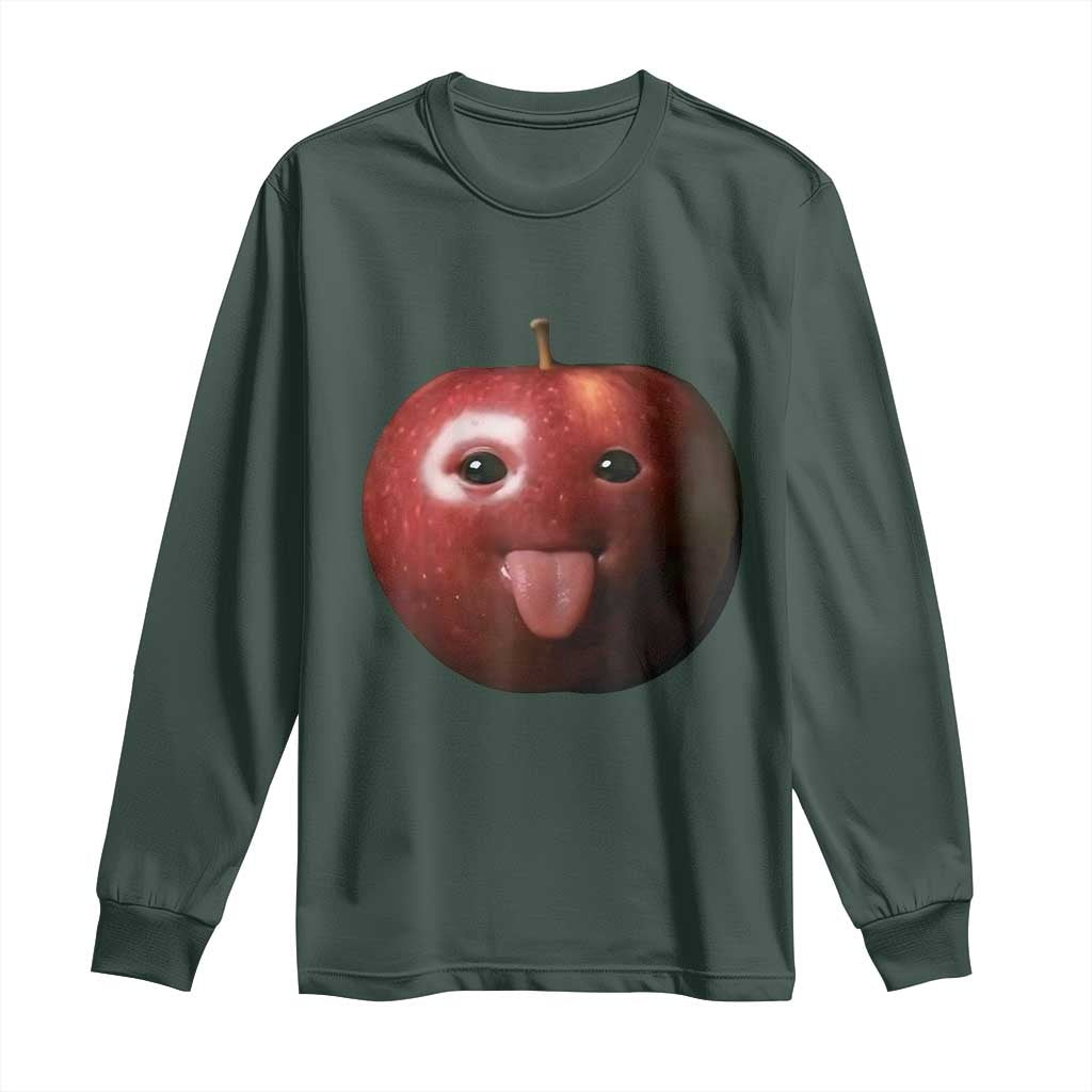 Cute Freaky Apple with Tongue Out Long Sleeve Shirt Funny Goofy AI Fruit Meme TS02 Dark Forest Green Print Your Wear