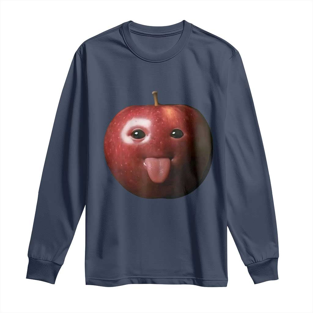 Cute Freaky Apple with Tongue Out Long Sleeve Shirt Funny Goofy AI Fruit Meme TS02 Navy Print Your Wear