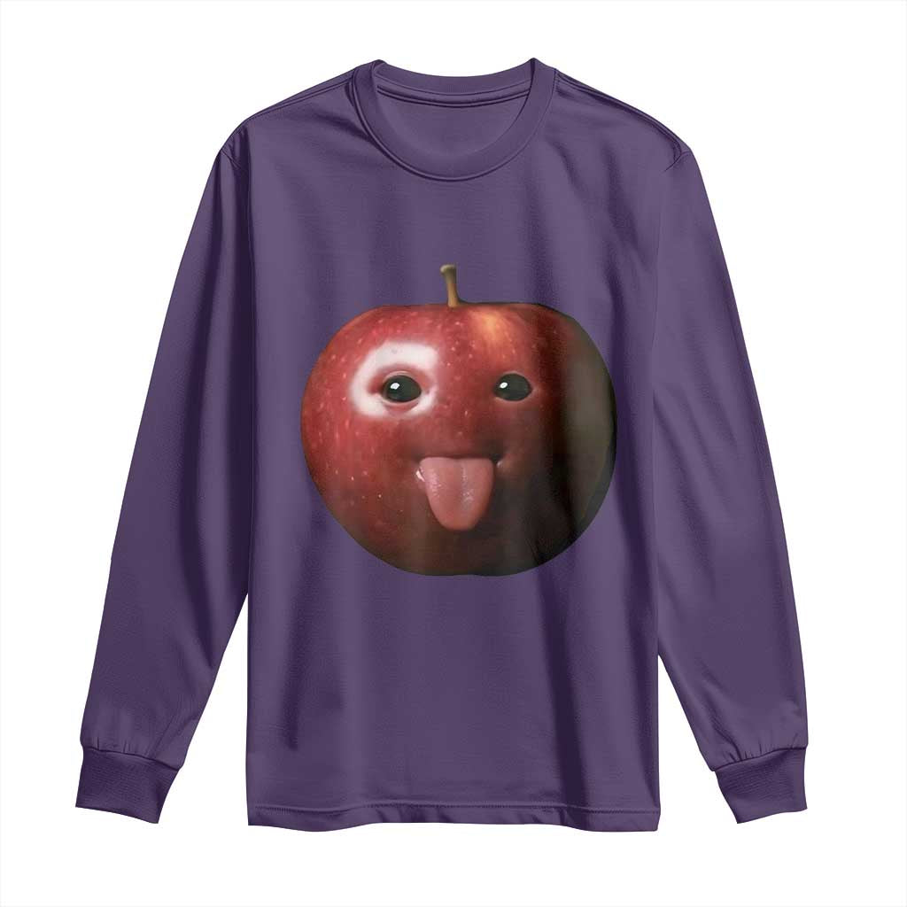 Cute Freaky Apple with Tongue Out Long Sleeve Shirt Funny Goofy AI Fruit Meme TS02 Purple Print Your Wear