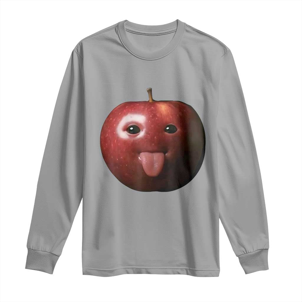 Cute Freaky Apple with Tongue Out Long Sleeve Shirt Funny Goofy AI Fruit Meme TS02 Sport Gray Print Your Wear