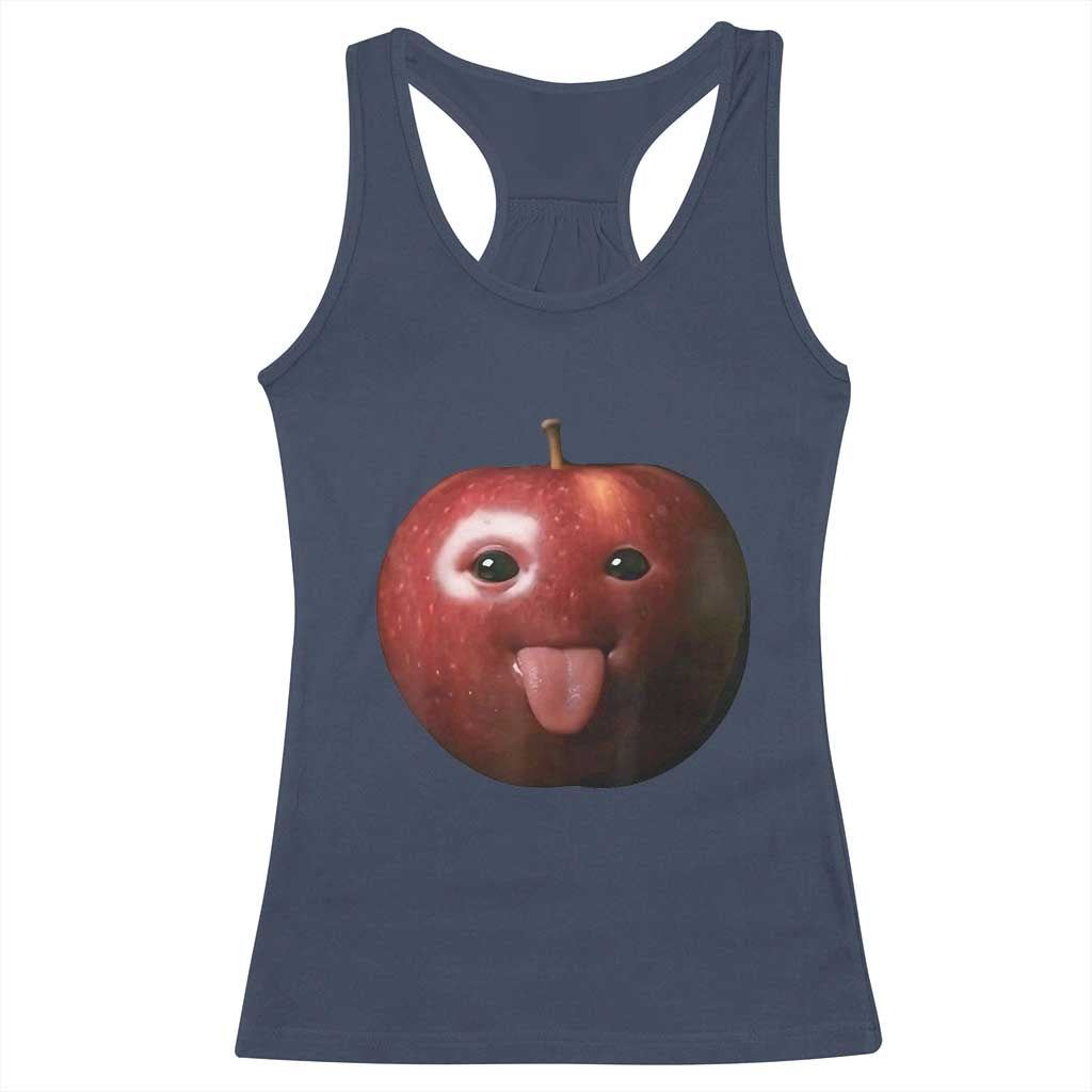 Cute Freaky Apple with Tongue Out Racerback Tank Top Funny Goofy AI Fruit Meme TS02 Navy Print Your Wear