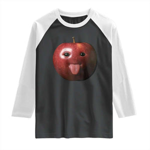 Cute Freaky Apple with Tongue Out Raglan Shirt Funny Goofy AI Fruit Meme TS02 Black White Print Your Wear