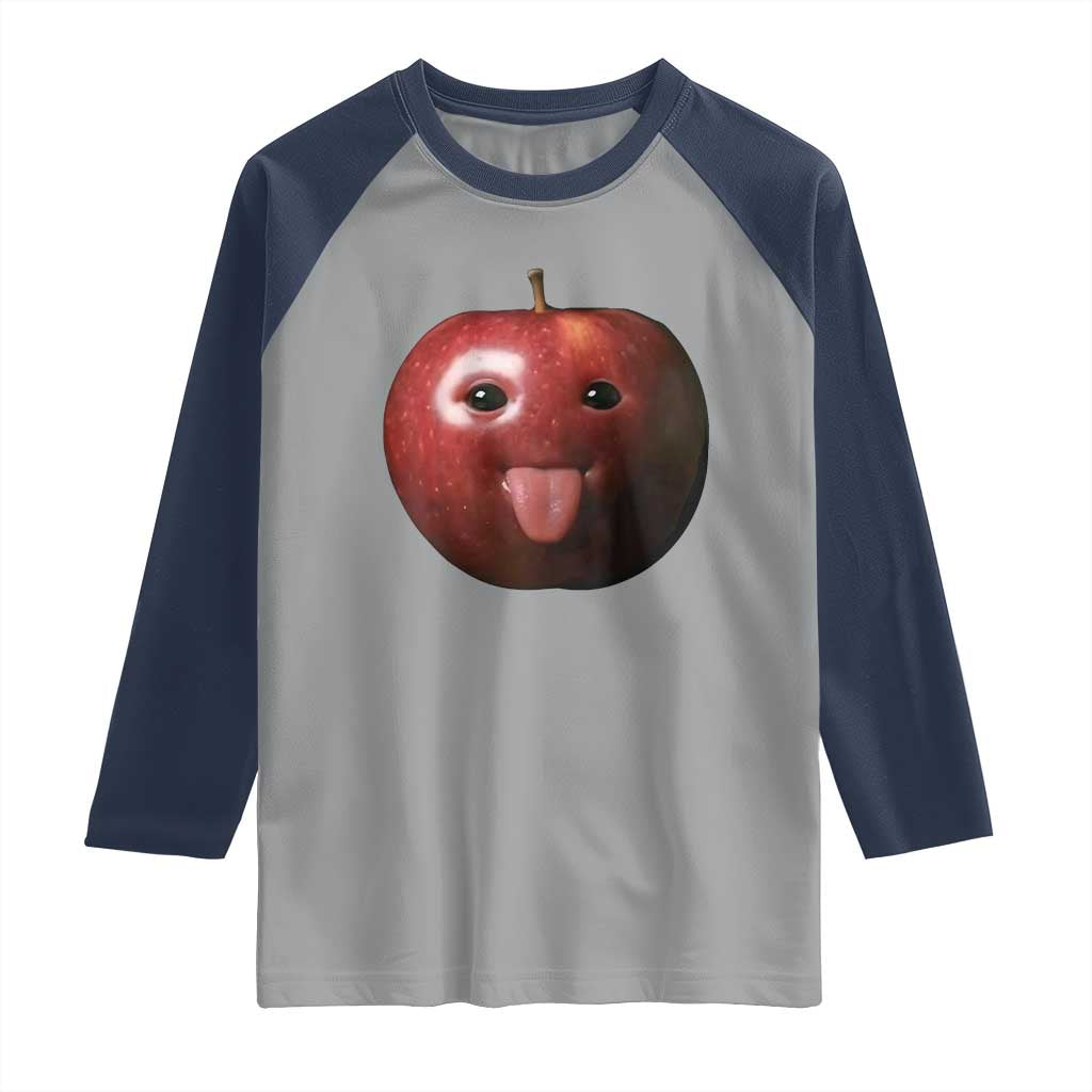 Cute Freaky Apple with Tongue Out Raglan Shirt Funny Goofy AI Fruit Meme TS02 Sport Gray Navy Print Your Wear