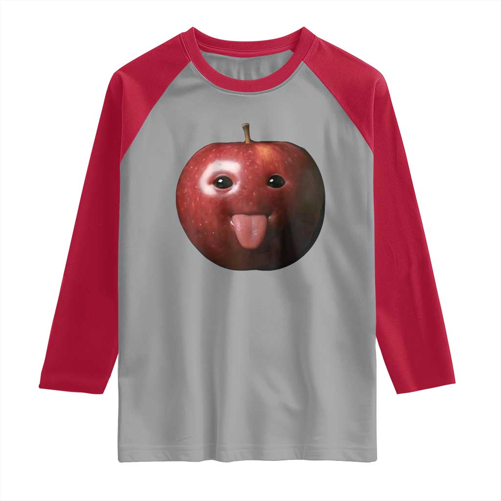 Cute Freaky Apple with Tongue Out Raglan Shirt Funny Goofy AI Fruit Meme TS02 Sport Gray Red Print Your Wear