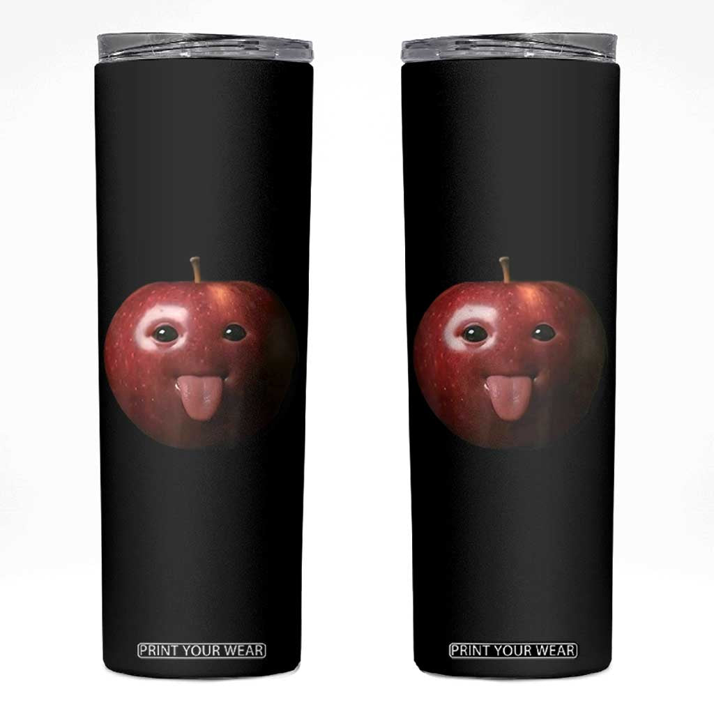 Cute Freaky Apple with Tongue Out Skinny Tumbler Funny Goofy AI Fruit Meme TS02 Black Print Your Wear