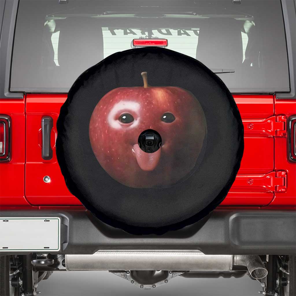 Cute Freaky Apple with Tongue Out Spare Tire Cover Funny Goofy AI Fruit Meme TS02 Black Print Your Wear