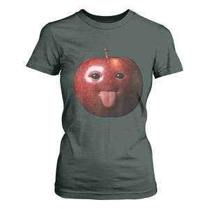 Cute Freaky Apple with Tongue Out T Shirt For Women Funny Goofy AI Fruit Meme TS02 Dark Forest Green Print Your Wear