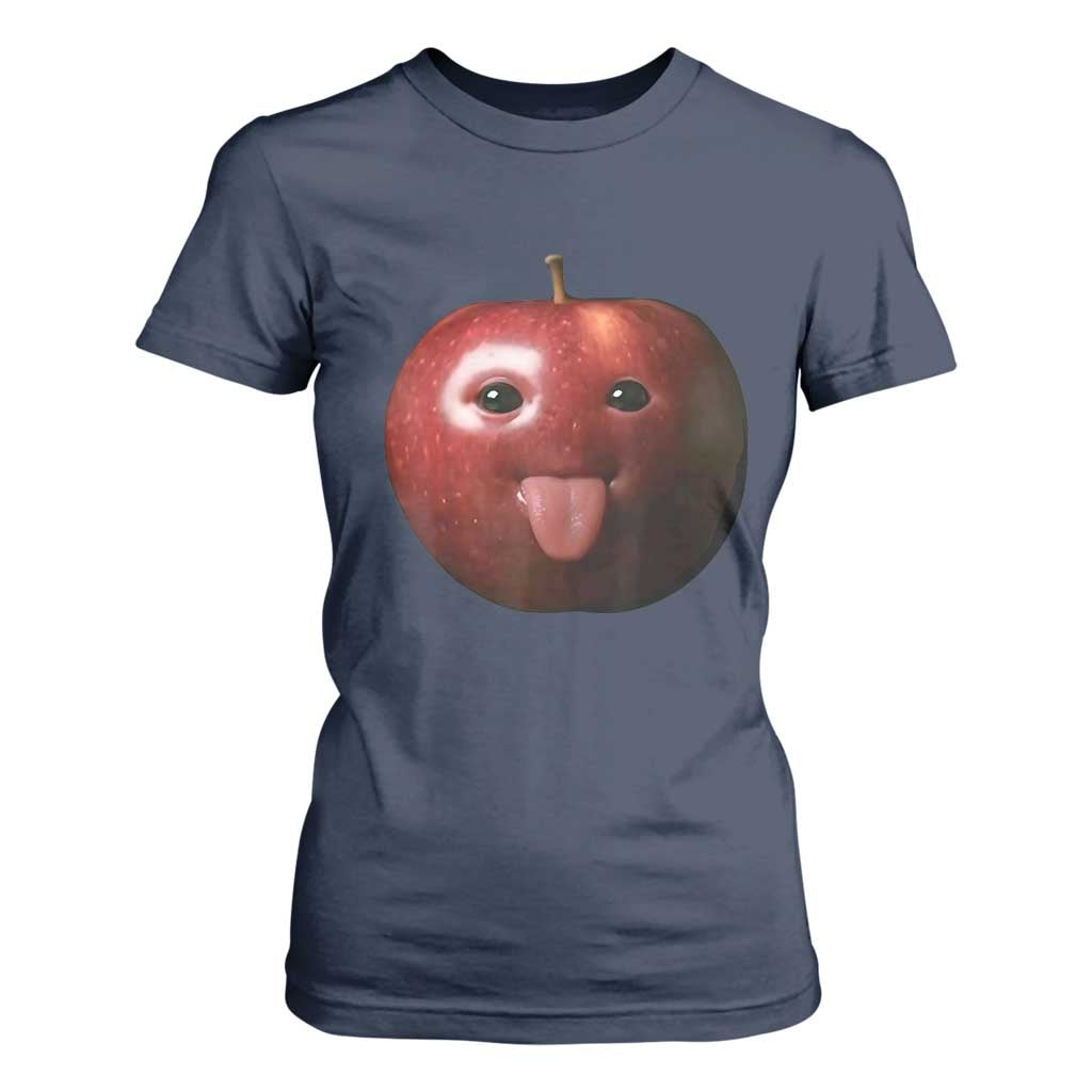 Cute Freaky Apple with Tongue Out T Shirt For Women Funny Goofy AI Fruit Meme TS02 Navy Print Your Wear