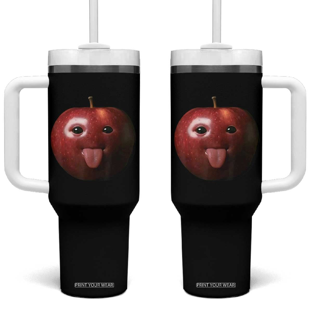 Cute Freaky Apple with Tongue Out Tumbler With Handle Funny Goofy AI Fruit Meme TS02 One Size: 40 oz Black Print Your Wear