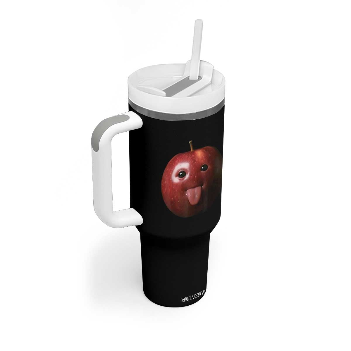 Cute Freaky Apple with Tongue Out Tumbler With Handle Funny Goofy AI Fruit Meme TS02 Print Your Wear