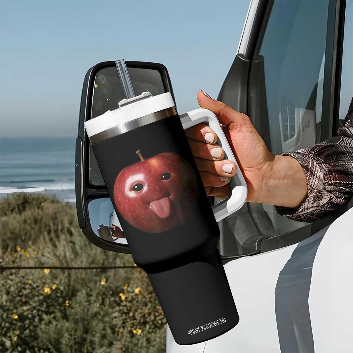 Cute Freaky Apple with Tongue Out Tumbler With Handle Funny Goofy AI Fruit Meme TS02 Print Your Wear