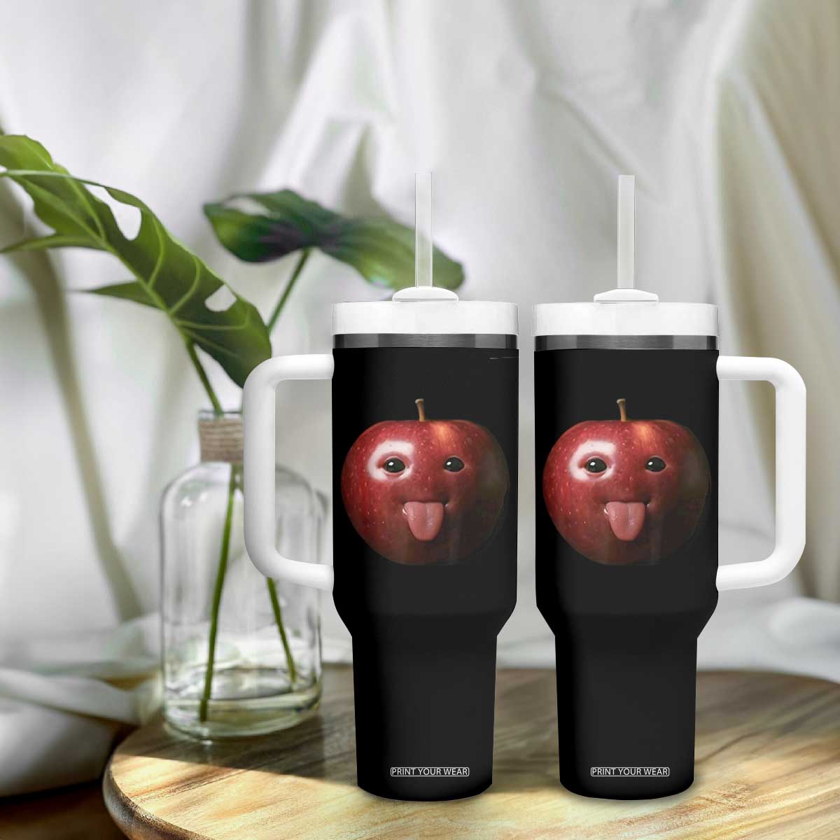 Cute Freaky Apple with Tongue Out Tumbler With Handle Funny Goofy AI Fruit Meme TS02 Print Your Wear