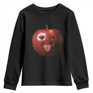 Cute Freaky Apple with Tongue Out Youth Sweatshirt Funny Goofy AI Fruit Meme TS02 Black Print Your Wear