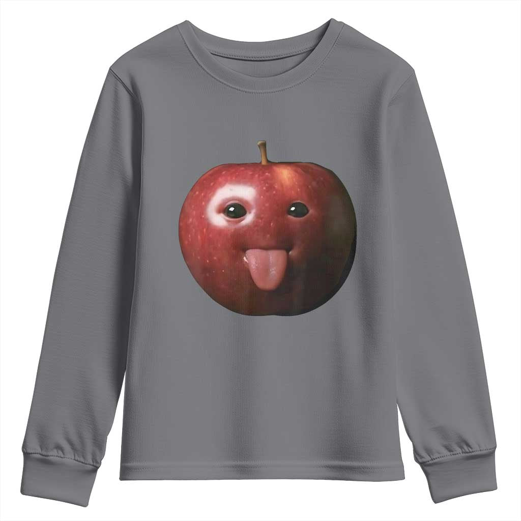 Cute Freaky Apple with Tongue Out Youth Sweatshirt Funny Goofy AI Fruit Meme TS02 Charcoal Print Your Wear