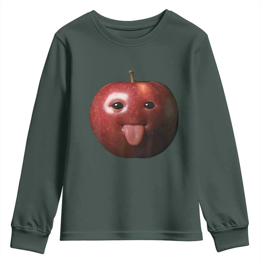 Cute Freaky Apple with Tongue Out Youth Sweatshirt Funny Goofy AI Fruit Meme TS02 Dark Forest Green Print Your Wear