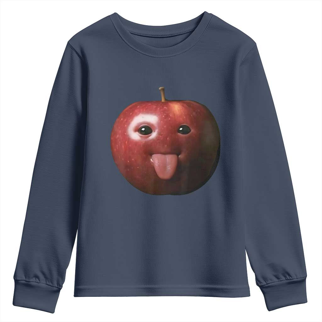 Cute Freaky Apple with Tongue Out Youth Sweatshirt Funny Goofy AI Fruit Meme TS02 Navy Print Your Wear