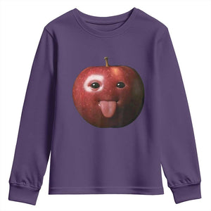 Cute Freaky Apple with Tongue Out Youth Sweatshirt Funny Goofy AI Fruit Meme TS02 Purple Print Your Wear