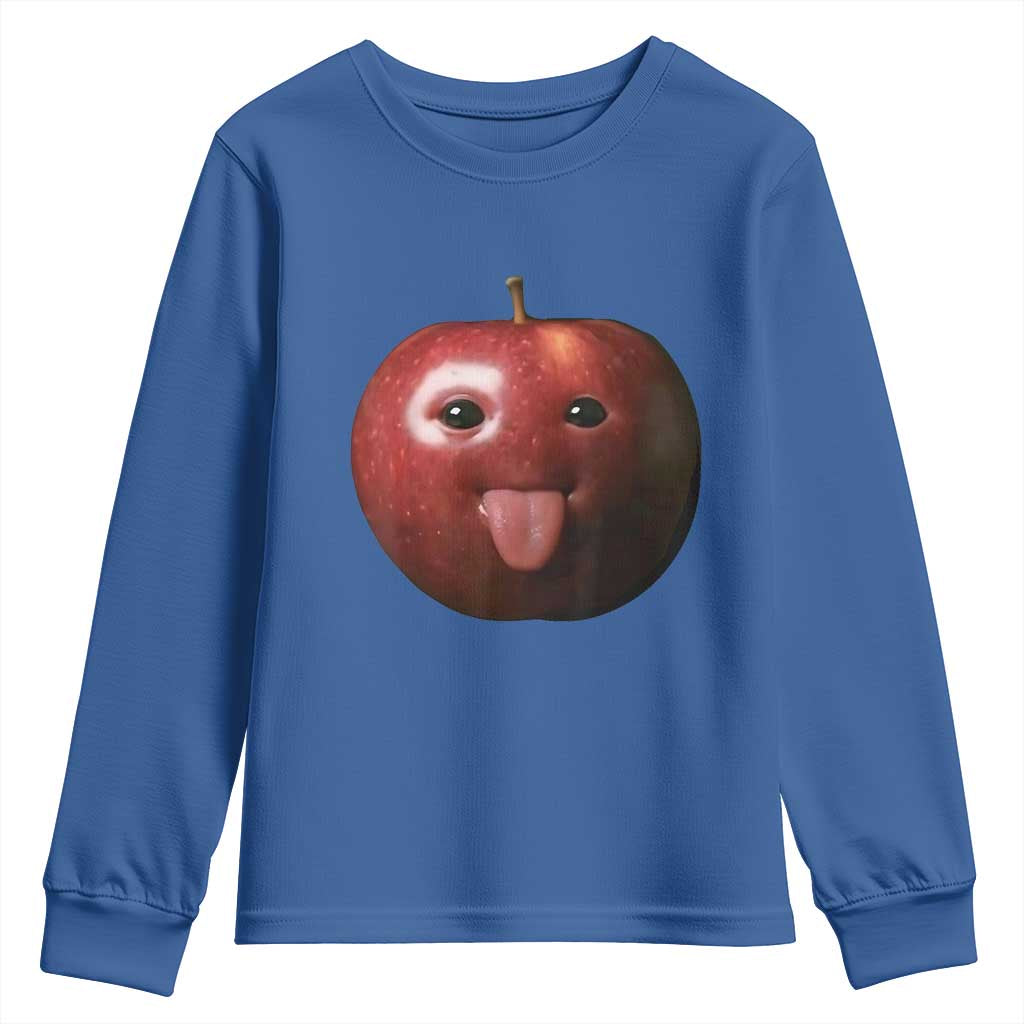 Cute Freaky Apple with Tongue Out Youth Sweatshirt Funny Goofy AI Fruit Meme TS02 Royal Blue Print Your Wear