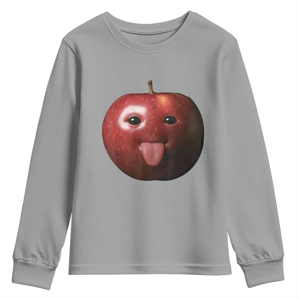 Cute Freaky Apple with Tongue Out Youth Sweatshirt Funny Goofy AI Fruit Meme TS02 Sport Gray Print Your Wear