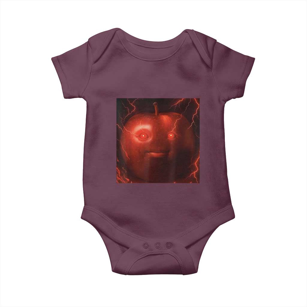 Evil Freaky Apple Meme Baby Onesie Creepy Dark AI Fruit Face With Glowing Eyes TS02 Maroon Print Your Wear