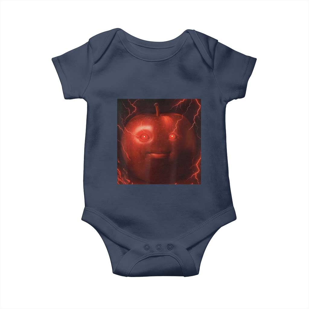Evil Freaky Apple Meme Baby Onesie Creepy Dark AI Fruit Face With Glowing Eyes TS02 Navy Print Your Wear