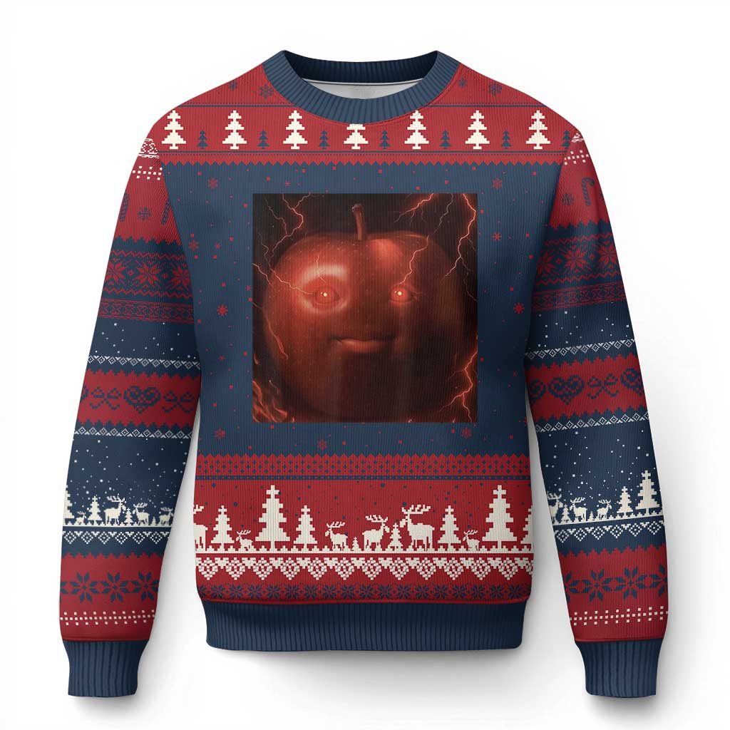 Evil Freaky Apple Meme Ugly Christmas Sweater Creepy Dark AI Fruit Face With Glowing Eyes TS02 Navy Red Print Your Wear