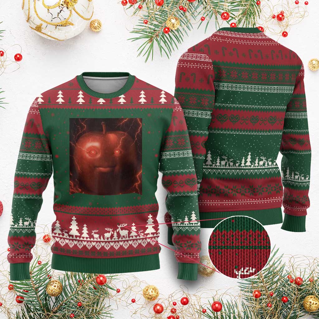 Evil Freaky Apple Meme Ugly Christmas Sweater Creepy Dark AI Fruit Face With Glowing Eyes TS02 Red Green Print Your Wear