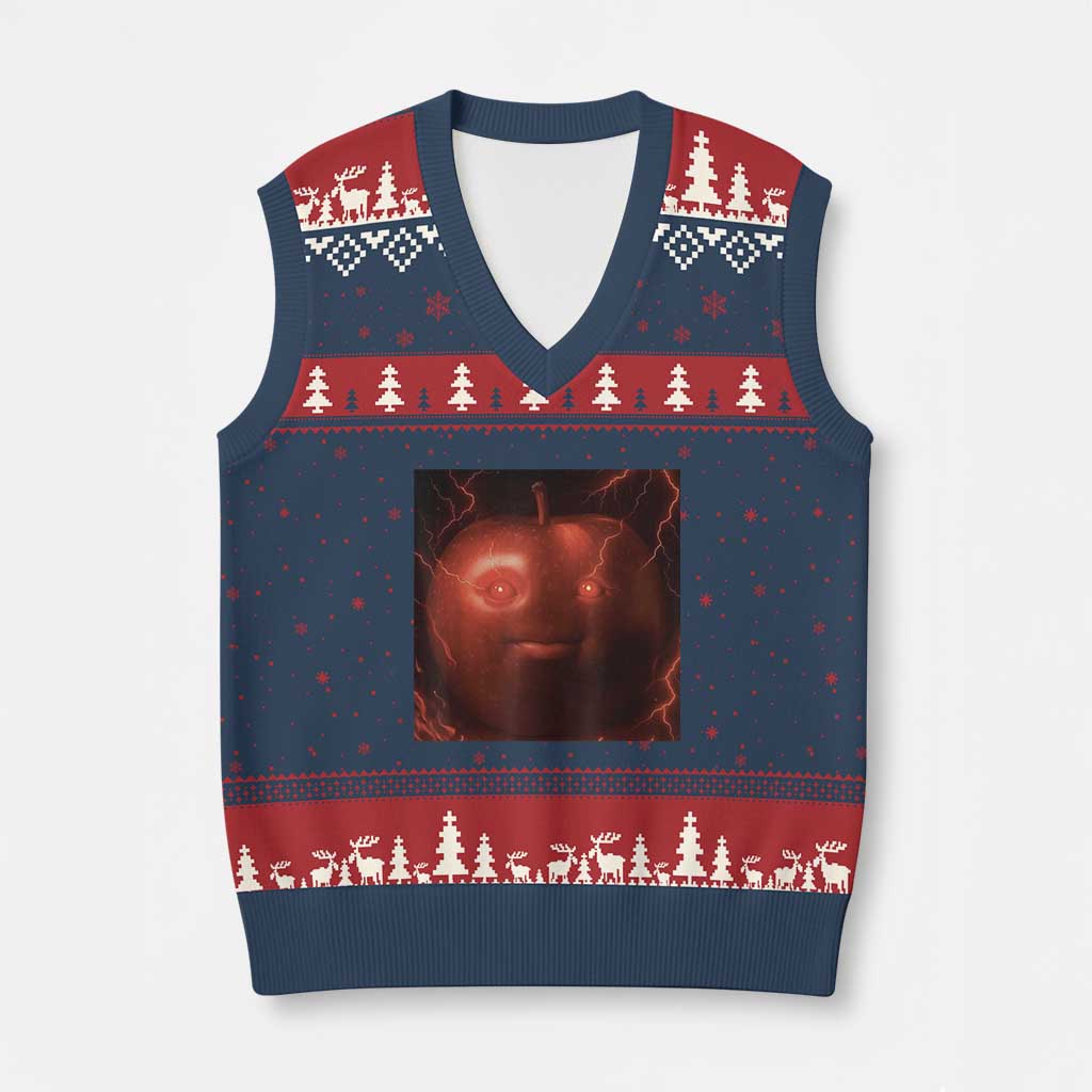 Evil Freaky Apple Meme V-Neck Knit Sweater Vest Creepy Dark AI Fruit Face With Glowing Eyes TS02 Navy Red Print Your Wear