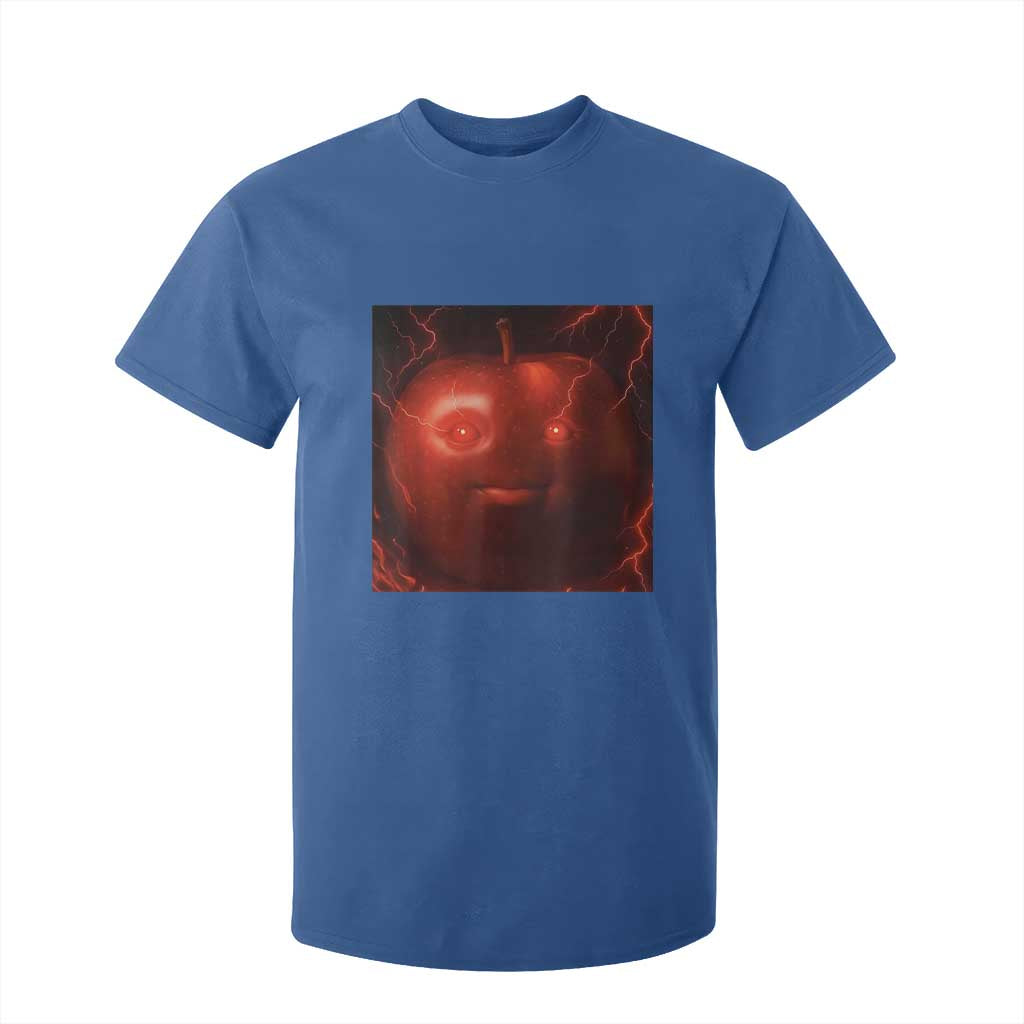 Evil Freaky Apple Meme T Shirt For Kid Creepy Dark AI Fruit Face With Glowing Eyes TS02 Royal Blue Print Your Wear
