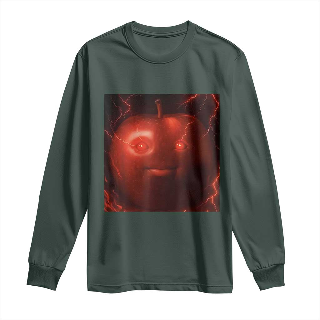 Evil Freaky Apple Meme Long Sleeve Shirt Creepy Dark AI Fruit Face With Glowing Eyes TS02 Dark Forest Green Print Your Wear